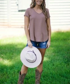 Chris & Carol Tan Rib Knit V-Neck Top Tops