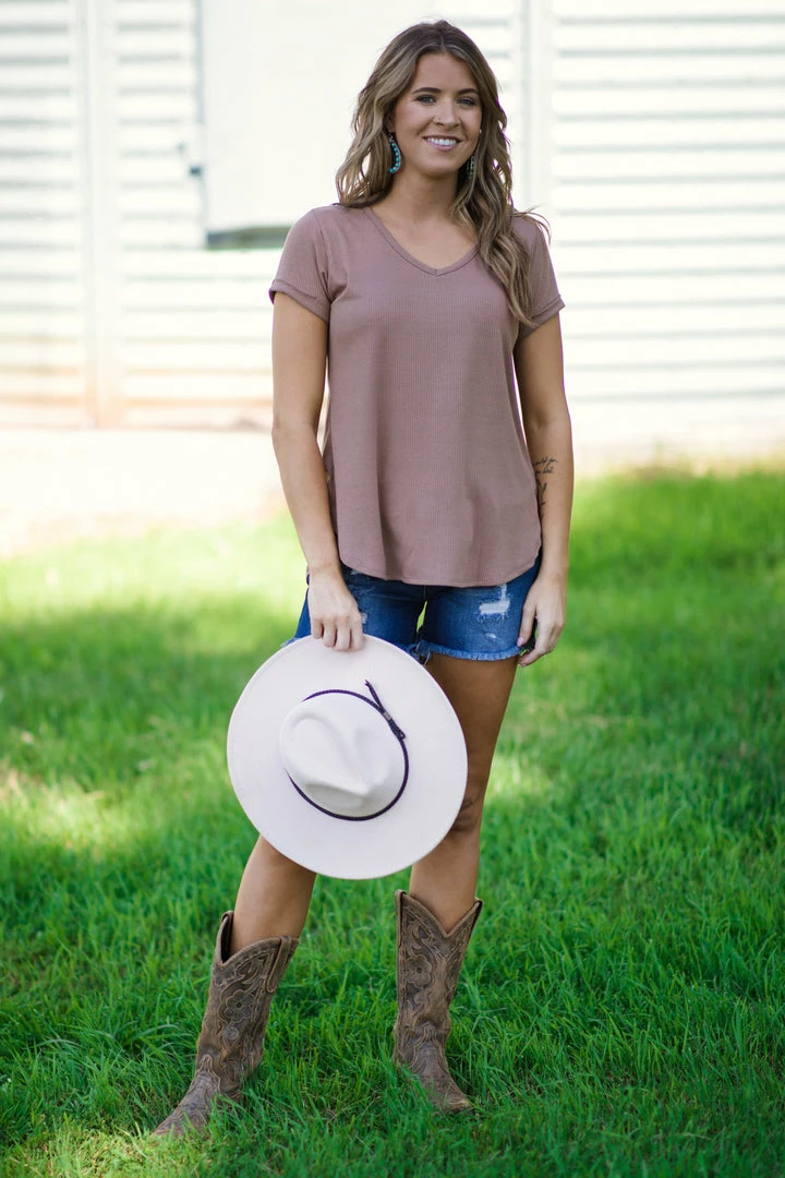 Chris & Carol Tan Rib Knit V-Neck Top Tops 4 Chris & Carol Tan Rib Knit V-Neck Top Tops