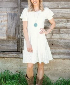 Les Amis White Puff Sleeve Eyelet Lace Dress