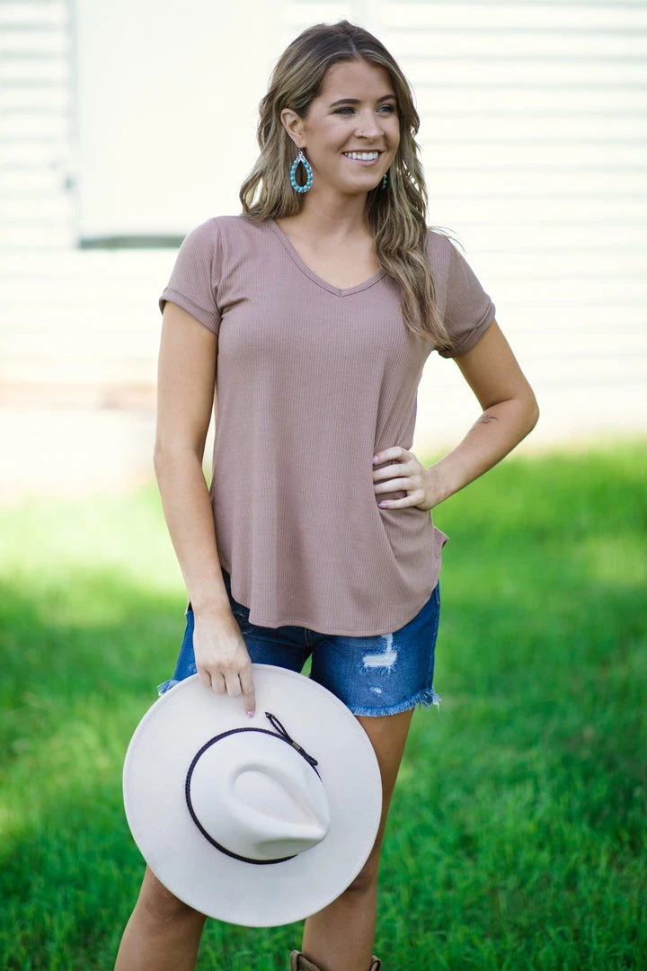 Chris & Carol Tan Rib Knit V-Neck Top Tops 3 Chris & Carol Tan Rib Knit V-Neck Top Tops