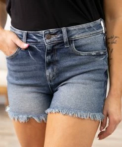 Zenana Bottoms Dark Wash Fray Hem Non Distressed Shorts