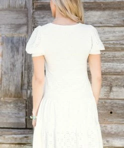 Les Amis White Puff Sleeve Eyelet Lace Dress