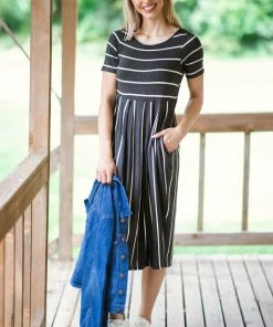 Hailey And Co Charcoal And White Stripe Midi Dress Dresses