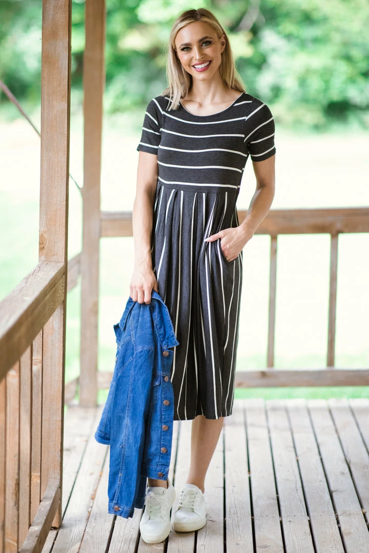 Hailey And Co Charcoal And White Stripe Midi Dress Dresses 3 Hailey And Co Charcoal And White Stripe Midi Dress Dresses
