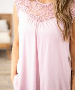 First Look Dusty Rose Crochet Yoke Cap Sleeve Top