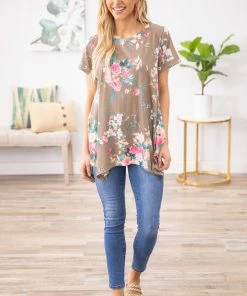 Avery Apparel Mocha Multicolor Floral Short Sleeve Top TUNICS