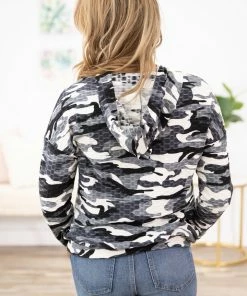 Blumin Apparel Tops Steel Popcorn Texture Camouflage Hooded Top