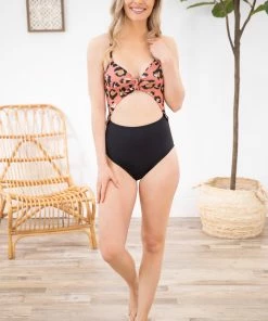 Stylish Swimwear Salmon Animal Print Cutout One Piece Swimsuit