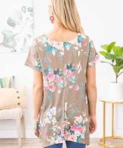 Avery Apparel Mocha Multicolor Floral Short Sleeve Top TUNICS