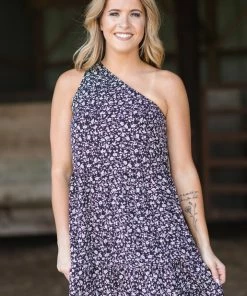 Supreme Fashion Dresses Black One Shoulder Floral Print Dress