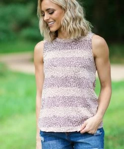 Twenty Second Tops Taupe And Tan Animal Print Stripe Tank