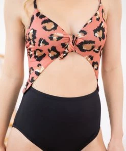 Stylish Swimwear Salmon Animal Print Cutout One Piece Swimsuit