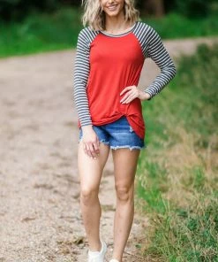 Brenda's Fashion Tops Crimson Knot Front Stripe Sleeve Top