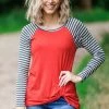 Brenda's Fashion Tops Crimson Knot Front Stripe Sleeve Top