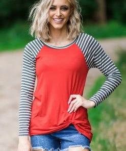 Brenda's Fashion Tops Crimson Knot Front Stripe Sleeve Top