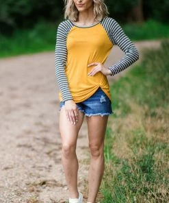 Brenda's Fashion Mustard Knot Front Stripe Sleeve Top