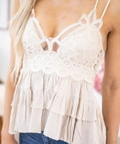 Zenana Beige Crochet Bodice Tiered Tank