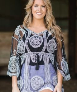 SHORELINE Black Embroidered Drawstring Waist Top