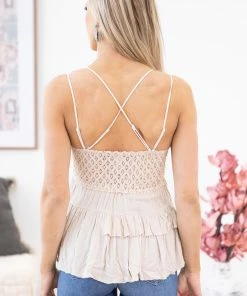 Zenana Beige Crochet Bodice Tiered Tank
