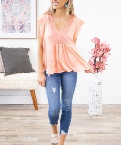 Hailey And Co MADE IN THE USA Salmon Lace Detail Flutter Sleeve Top