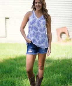 Haptics White And Cornflower Paisley Print Tank