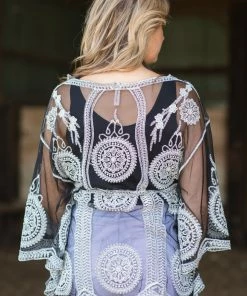 SHORELINE Black Embroidered Drawstring Waist Top