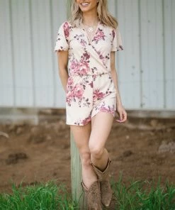 First Look Beige Floral Print Surplice Front Knit Romper