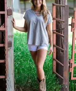 Doe & Rae Light Grey Cuff Sleeve Top With Cutout Detail Tops