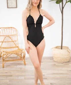 Mermaid Swimwear Black Ruffle Trim One Piece Swimsuit