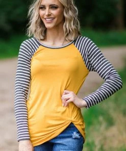 Brenda's Fashion Mustard Knot Front Stripe Sleeve Top