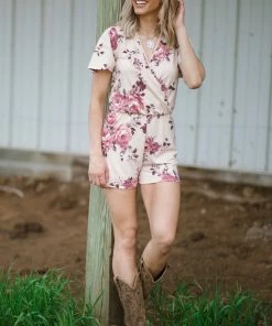 First Look Beige Floral Print Surplice Front Knit Romper