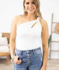 LUSH Off White One Shoulder Cutout Bodysuit Tops