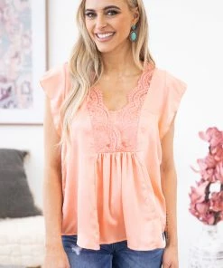 Hailey And Co MADE IN THE USA Salmon Lace Detail Flutter Sleeve Top