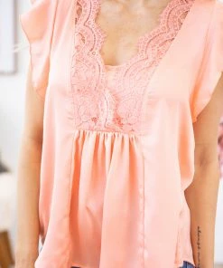 Hailey And Co MADE IN THE USA Salmon Lace Detail Flutter Sleeve Top