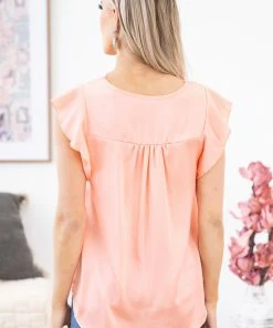 Hailey And Co MADE IN THE USA Salmon Lace Detail Flutter Sleeve Top