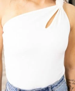 LUSH Off White One Shoulder Cutout Bodysuit Tops