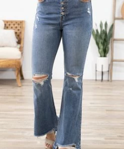 Cello Jeans Cello Medium Wash Uneven Hem Flare Jeans Bottoms