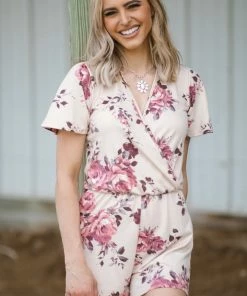 First Look Beige Floral Print Surplice Front Knit Romper