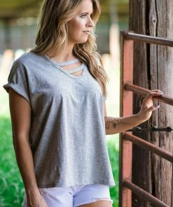 Doe & Rae Light Grey Cuff Sleeve Top With Cutout Detail Tops