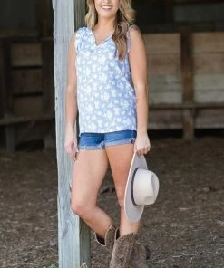 Lime N Chili Tops Pastel Blue And White Ruffle Trim Floral Top