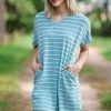 SOL RHR Dresses Teal And White Stripe Short Sleeve Dress