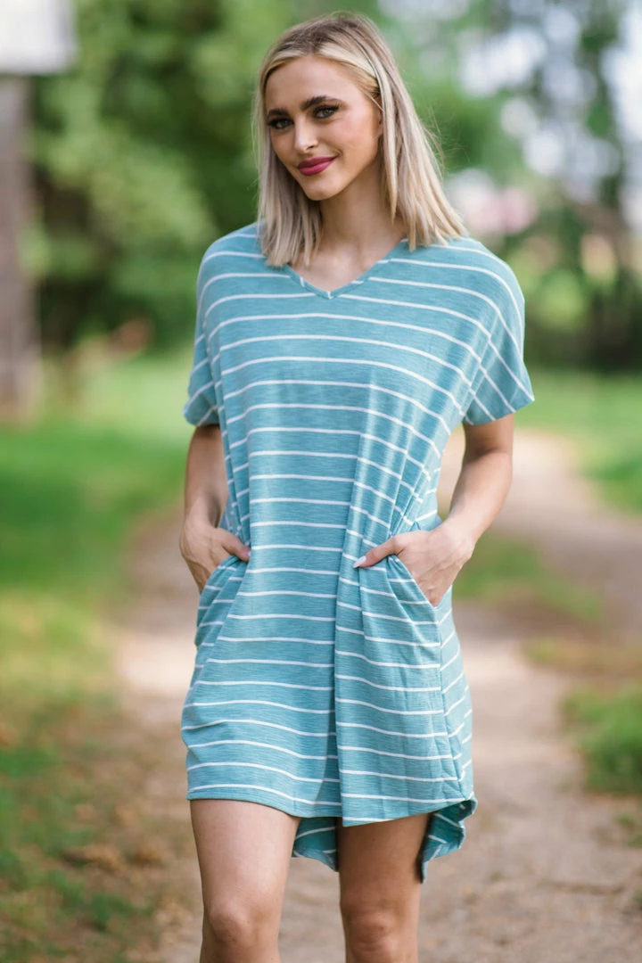 SOL RHR Dresses Teal And White Stripe Short Sleeve Dress 3 SOL RHR Dresses Teal And White Stripe Short Sleeve Dress