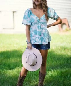 Hailey And Co Turquoise Floral Print Eyelet Lace Puff Sleeve Top Tops