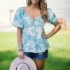 Hailey And Co Turquoise Floral Print Eyelet Lace Puff Sleeve Top Tops