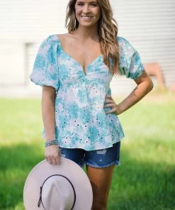 Hailey And Co Turquoise Floral Print Eyelet Lace Puff Sleeve Top Tops