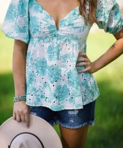Hailey And Co Turquoise Floral Print Eyelet Lace Puff Sleeve Top Tops