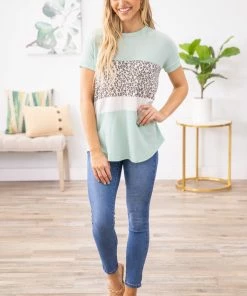 First Look Tops Mint And White Animal Print Colorblock Top