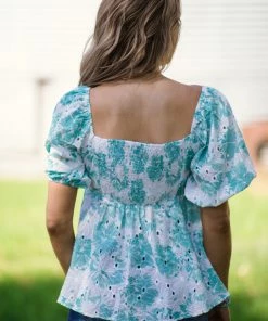 Hailey And Co Turquoise Floral Print Eyelet Lace Puff Sleeve Top Tops