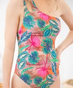 Mermaid Swimwear Pink Multicolor Palm Print One Piece Swimsuit