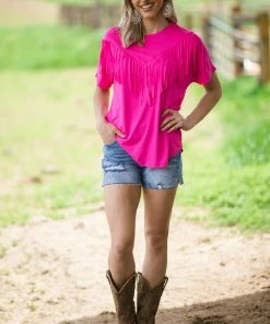 Melon Hot Pink Top With Fringe Bodice
